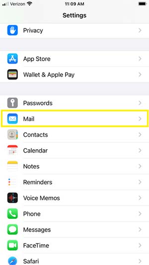 Scroll down and tap Mail